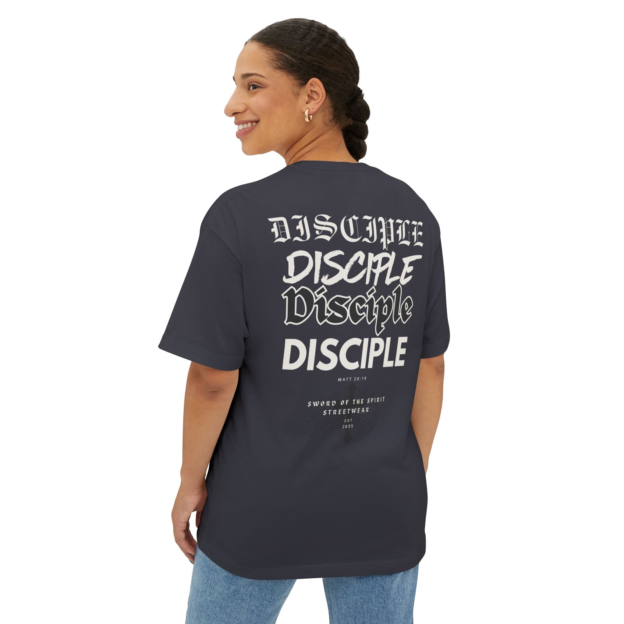 “Stealth” Disciple Logo Tee || Oversized Box Fit || Christian Faith-Based Graphic T-Shirt